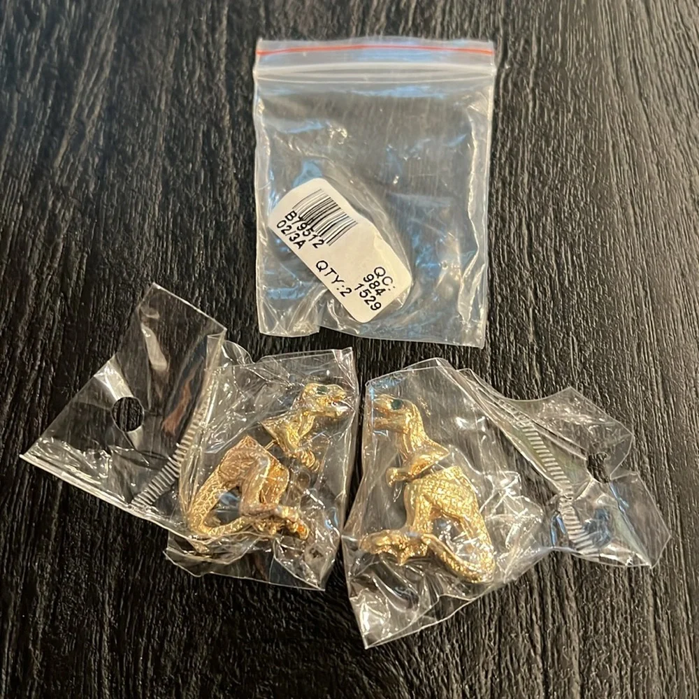 Gold T-Rex Earrings w/Faux Emerald Eyes - New - Picture 2 of 6